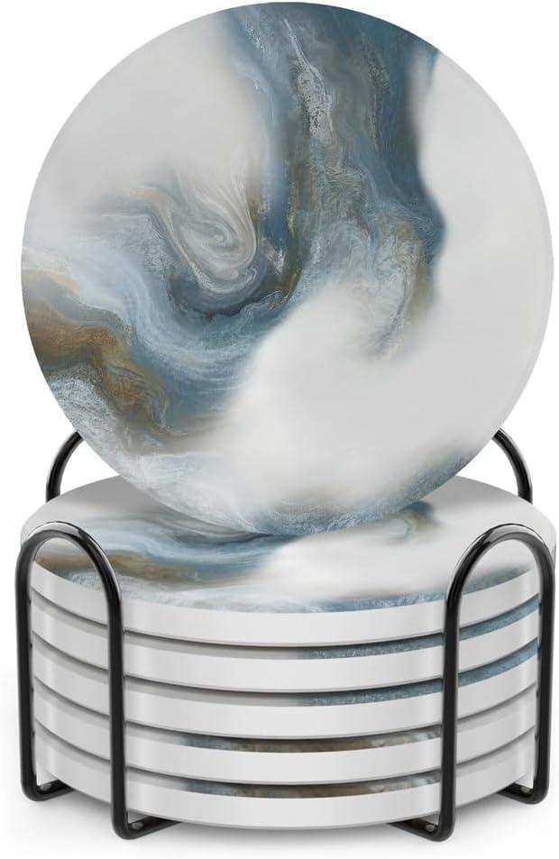 UMIRRO Absorbent Coasters for Drinks with Holder | Ceramic Stone Cup Coasters for Coffee Table | Modern Decorative Mat in Ocean Blue and Grey | Set of 6 (13. Breaking in the Clouds)