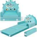Dinosaur Kids Sofa Bed with Removable Washable Cover & Magic-Tape Backrest Foldable Toddler Chair Kid Couch, Cozy Crystal Velvet Furniture for Playtime, Naps & Travel (Soft Ggreen, Dino Design)