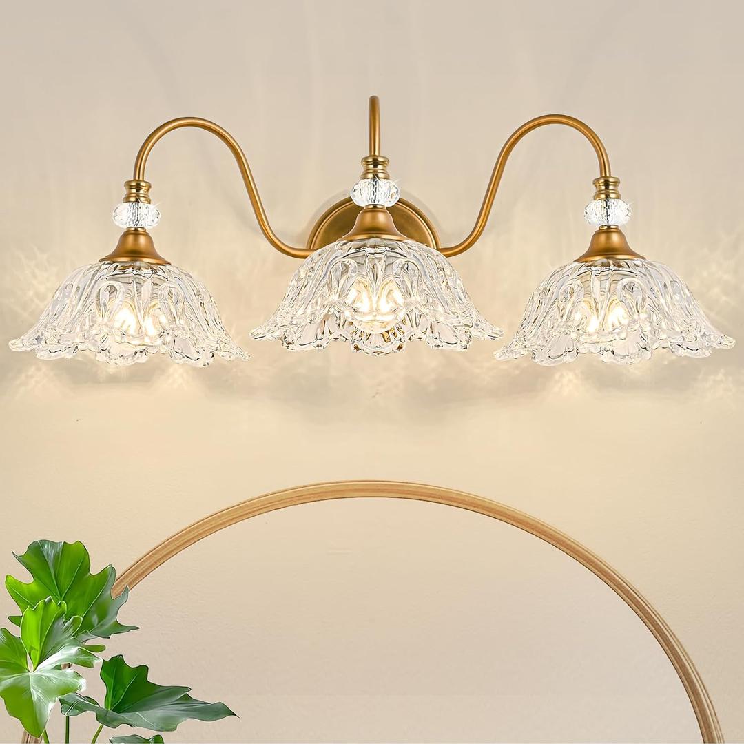 Vintage Bathroom Vanity Light, 3-Light Matte Brass Finish Vanity Light with Floral Clear Glass Shades, Retro Wall Sconce for Bathroom, Dressing Table