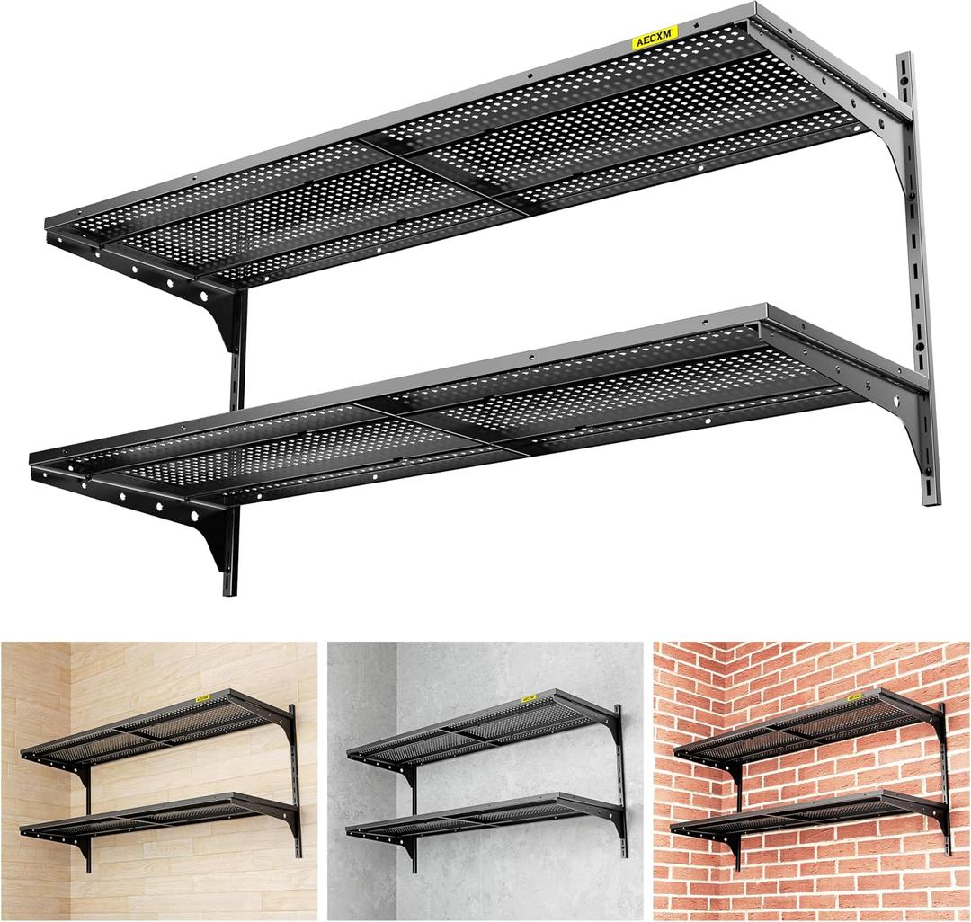 Aecxm 1pack2 Tier 1.3x4ft Garage Shelving Wall Mounted, 260lbs Load Capacity15.6x48inch per Shelf Height Cassette Adjustable Floating Shelves, Black, 2pack-1.3x4ft