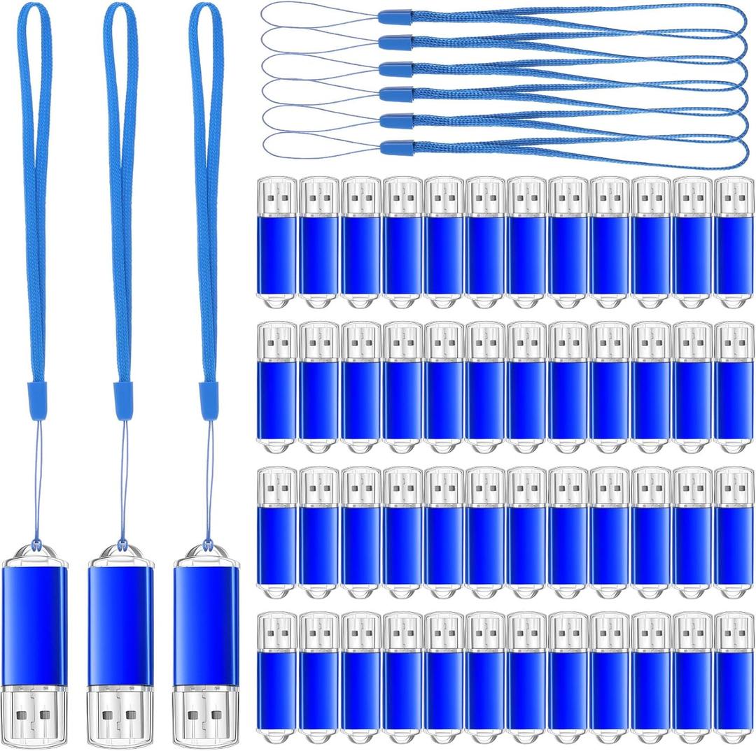 Hoteam 50 Pack USB 2.0 Flash Drives Bulk Blue Portable Thumb Drive with Hat USB Sticks Bulk with 50 Pcs Lanyards for Data Storage File Sharing Commercial Gift(4GB)