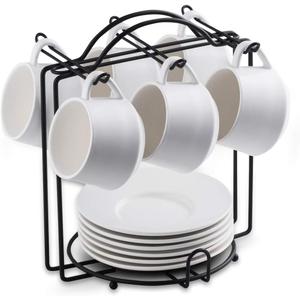YHOSSEUN Espresso Cups Set with Saucers and Metal Stand Coffee Cup Set of 6 4 oz Cappuccino Cups Teacup for Tea Party - White