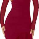 Womens Sexy Ruched Bodycon Midi Dress Long Sleeve High Low Formal Cocktail Party Dress (X-Large, Wine-red)