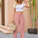 Puimentiua Womens Linen Pants Summer Lightweight Breathable Elastic Waist Drawstring Beach Vacation Pants with Pockets, L
