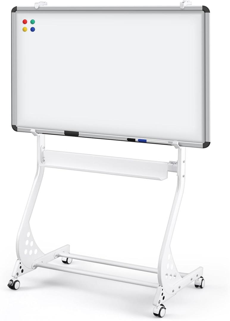 Hicarer Whiteboard Mobile Stand - Height & Width Adjustable Aluminum Frame on Wheels for Drawing, Glass Dry Erase Board, Interactive Chalkboard, White