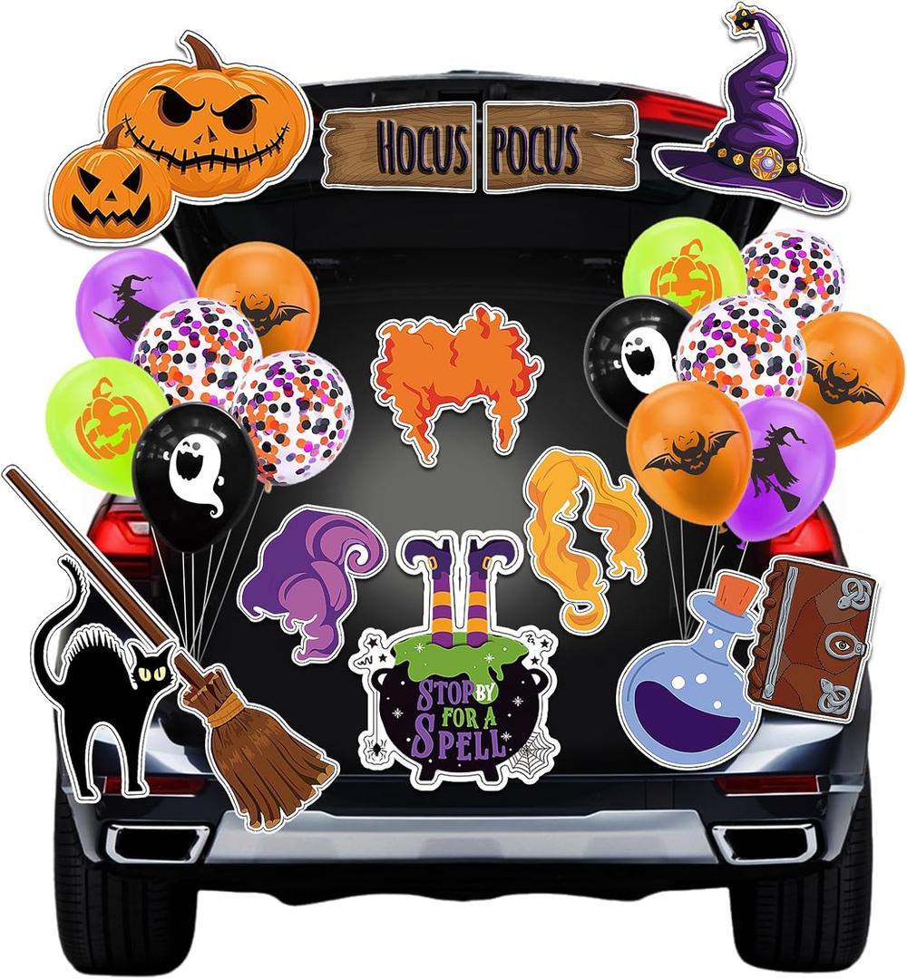 Trunk or Treat decorations for SUV - Hocus Pocus Halloween Car Decorations,Witch Trunk or Treat Car Decorations Kit,Carnival Car Stickers with Balloons for Van,Wall Decor for Garage Door,Home,Party