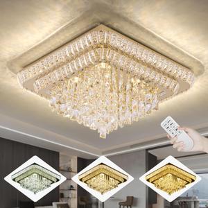 Elegant LED Gold Crystal Raindrop Ceiling Light,24 Inch Square Flush Mount Chandelier with Remote for Living Room Kitchen Island Bedroom Hallway Entryway Foyer (Dimmable)