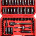 96-Piece 3/8" Drive Impact Socket Wrench and Bit Set, SAE 5/16-3/4 & Metric 8-22mm, Cr-V Standard & Deep Sockets, Power Bits, Ratchet Handle, Universal Joint, Bit Holder, Adapters, Spark Plug Socket