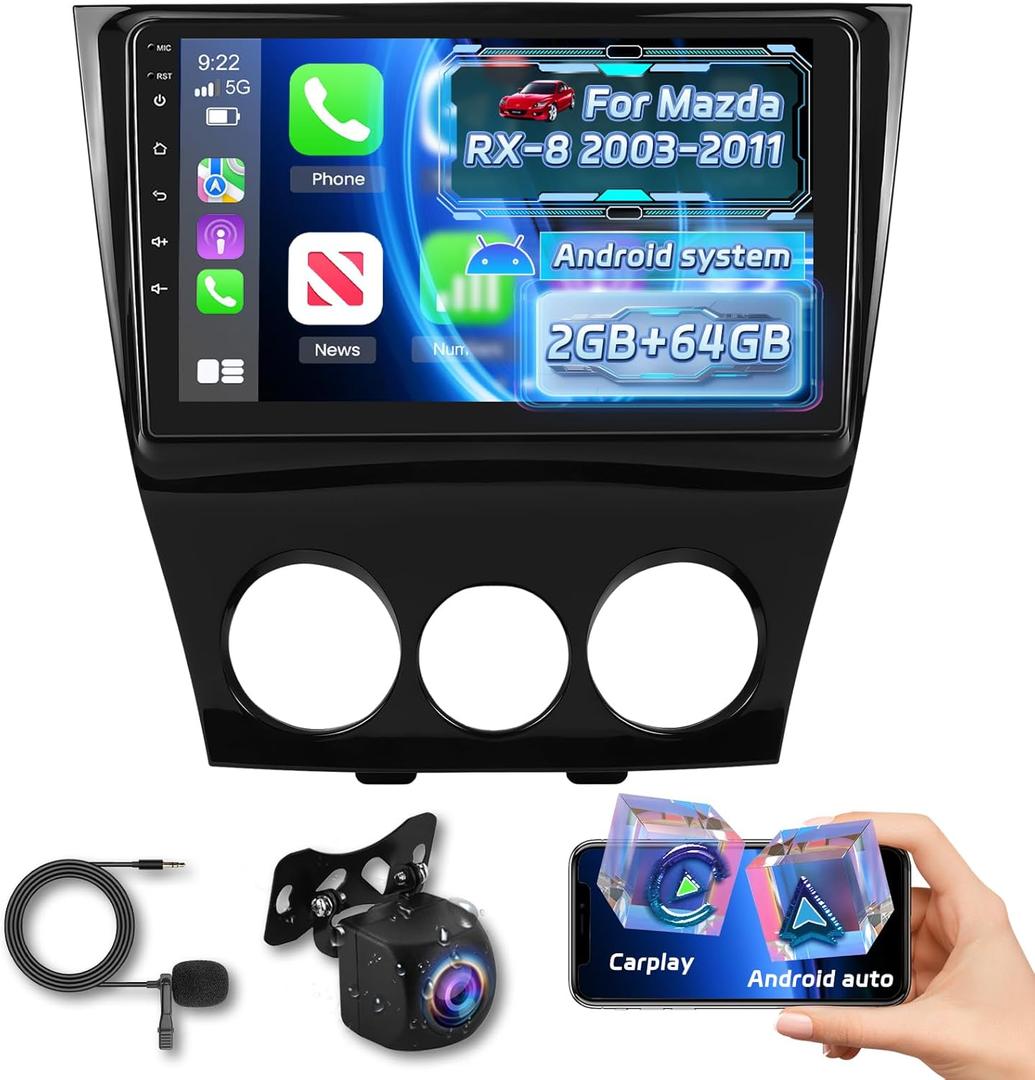 [2+64G] NHOPEEW Car Radio for Mazda RX8 RX-8 RX 8 2003-2011 with Wireless Carplay and Android Auto - 9 Inch Touchscreen Android Car Stereo - DSP/GPS Navi/WiFi/SWC/Bluetooth + AHD Backup Camera