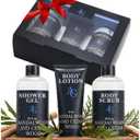 Adelegourdain Shower Kit Men, Bath and Body Gift Set For Him - Shower Gel, Body Scrub & Body Cream, Sandalwood & Cedar Scent, 3 pcs 720ml - Skin Care Kit Fathers Day Birthday Idea for Him