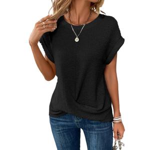 KevaMolly Womens T Shirts Black Batwing Sleeve Cross Wrap Hem Tee Casual Tshirt Trendy Fitted Tee Tops Color11 XL