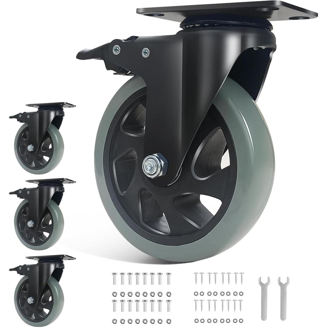 5 Inch Caster Wheels Set of 4 Heavy Duty, BZOLIHEU Swivel Caster with Brake,Silent Top Plate Locking Casters, Grey Polyurethane Castor Wheels for Furniture,Workbench,Cart