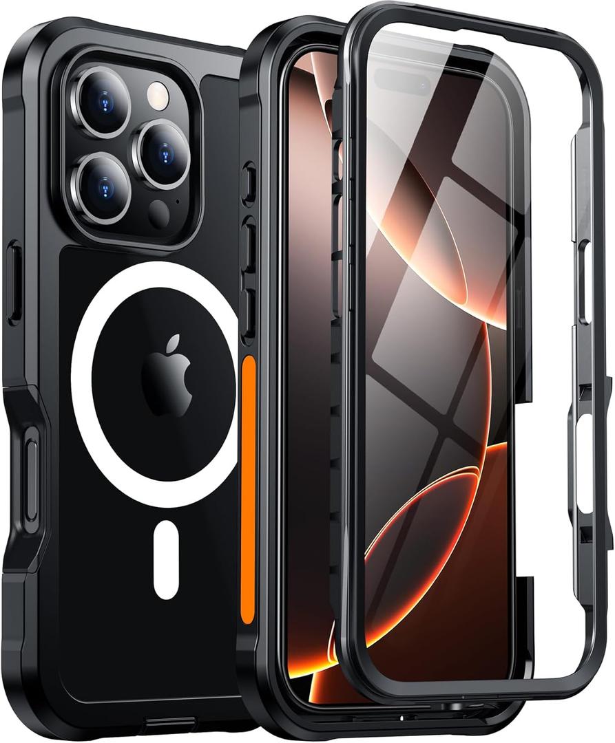 Red2Fire Designed for iPhone 16 Pro Max Case,[Built-in 9H Tempered Glass Screen Protector][Compatible with Magsafe][Full Body Shockproof][Heavy Duty Protection] Phone Case for iPhone 16 Pro Max 6.9" (Black/Clear)