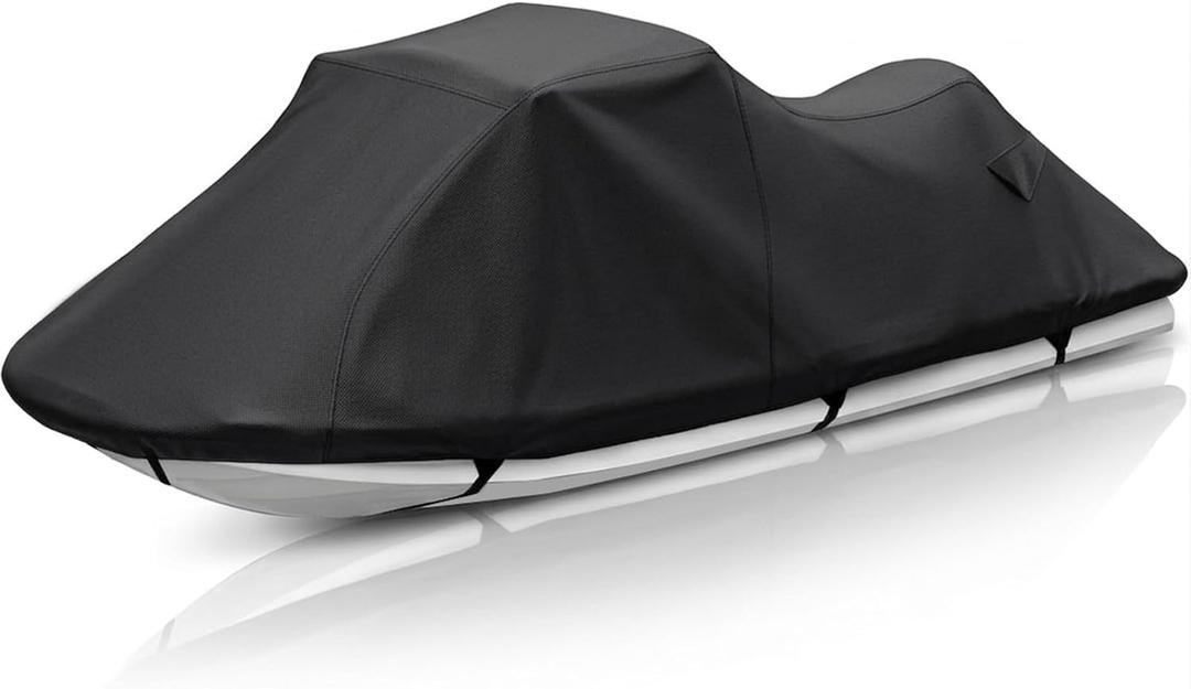 Obcursco Jet Ski Cover Waterproof 600D Heavy Duty PWC Cover, Trailering | 116" to 145" for 2-3 Seaters, Adjustable Straps and Air Vents Fits for Sea-Doo, Yamaha and Kawasaki Storage