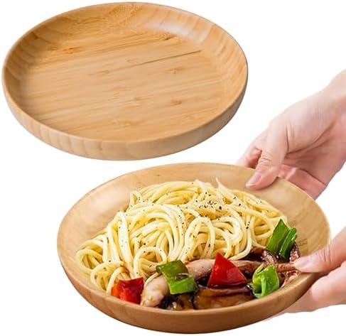 Cluzelar 7.5in Round Bamboo Wooden Plates - 2PCS Reusable Dinner Plates for Food, Snack, Dessert