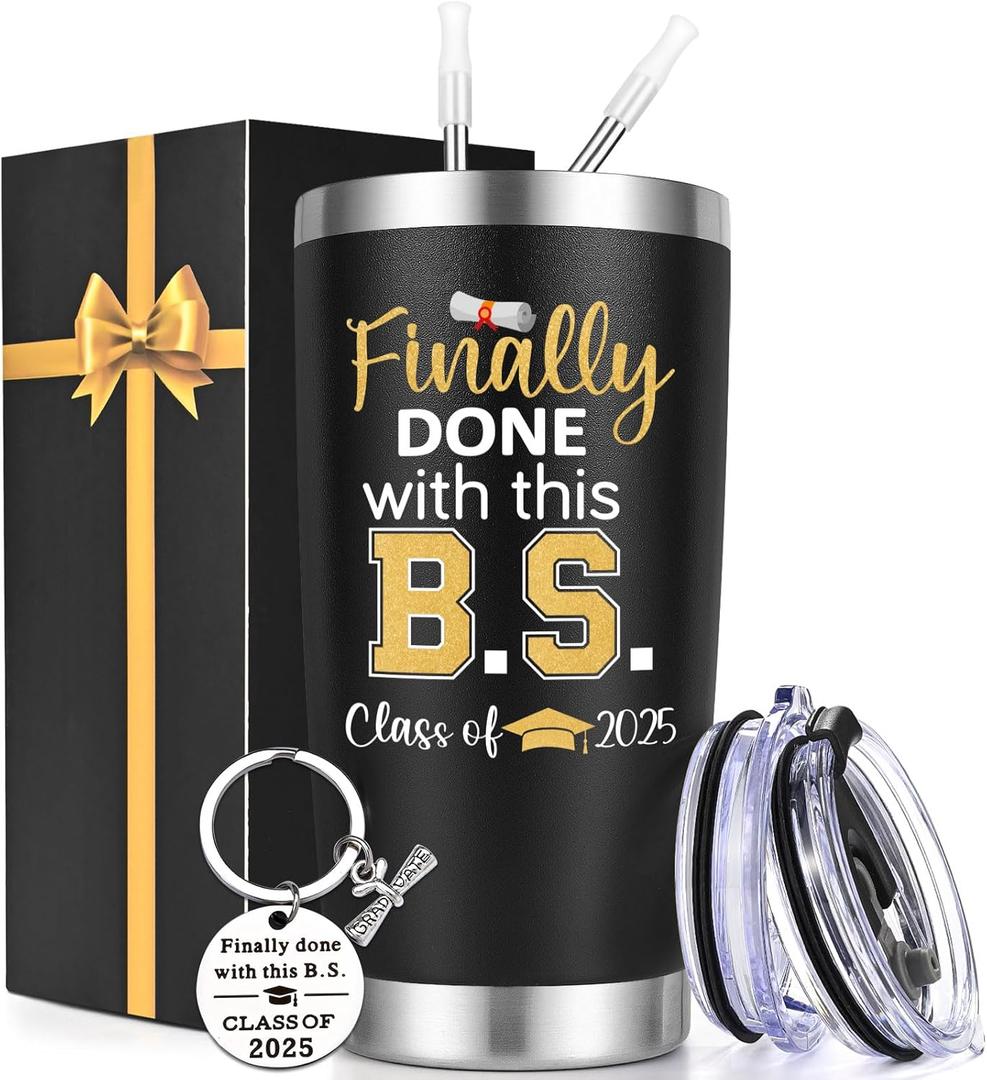 Lifecapido College Graduation Gifts, Finally Done with This B.S. 20 oz Insulated Tumbler with Keychain, Graduation Birthday Gifts for Friends Classmates, Black