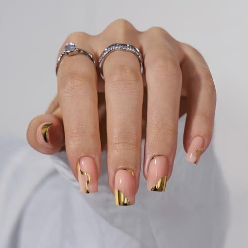 BTArtbox Press On Nails Short Square - Gold Designed Press On Nails, Winter Glue On Nails for Women Gifts, Natural Fake Nail with Glue, Glue On Nails in 16 Sizes - 30 Nail Kit, Gold Leaf