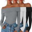 3 Pack Women's Off The Shoulder Sweaters Long Sleeve Ribbed Knit Top Slim Fit Fall Shirt Going Out Pullover Sweater (M)