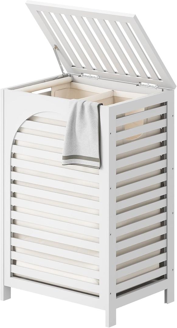 Laundry Hamper with Lid (16.9 * 13 * 26.5inches) Large Bamboo Laundry Bin Basket 85L Clothes Hamper with 1 Removable Bag Storage baskets for Bathroom (White)