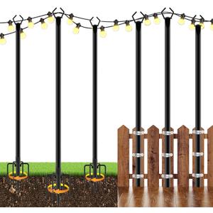 6-Pack String Light Poles for Outside, 10Ft Patio Light Poles for String Lights, Heavy Duty Metal Poles Stand for for Hanging Lights, Patio Deck Backyard, Wedding, Christmas, Party