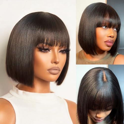 LUVME HAIR 10 Inch Light Yaki Straight Bob Wig with Bangs Human Hair Protective Wig Realistic HD Lace Short Black Bob Wigs, Ready to Go Blunt Cut Glueless 180 Density