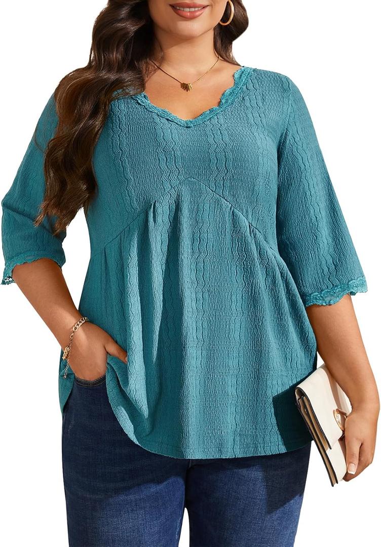 Plus Size Tops for Women 3/4 Lace Sleeve Shirts V Neck Blouses Casual Loose Tunic Tops to Wear with Leggings (XXL)