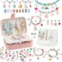 YJK Charm Bracelet Making Kit, 5-12 Year Old Girl Birthday Gifts, 133 Pcs DIY Beaded Jewelry Making Kit with Jewelry Box, Creative Crafts for Girls, Charm Necklace Making kit for Girls (Blue & Pink)