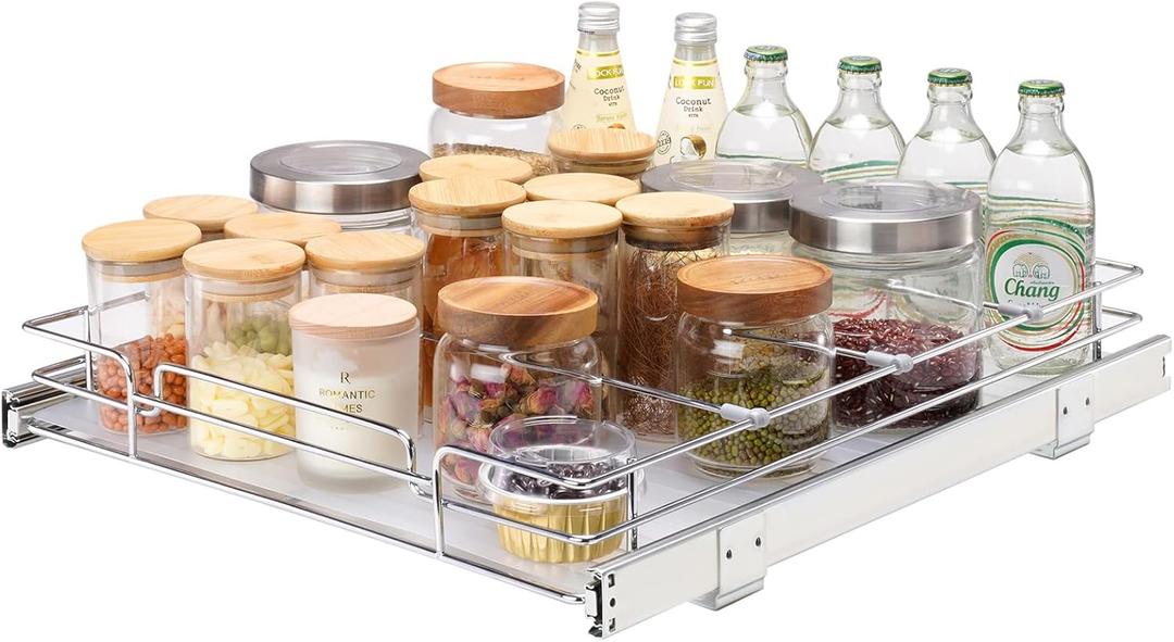 VEVOR 18.5"Wx21"Dx3.5"H Pull Out Cabinet Organizer, Heavy Duty Slide Out Pantry Shelves, Chrome-Plated Steel Roll Out Drawer, Drawer Storage for Home Under Sink, 20"Wx22"Dx7"H Install Size for Cabinet
