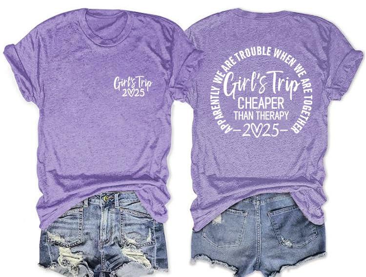 Girls Trip Shirts for Women Girl's Trip 2025 Letter Print Tshirt Novelty Crewneck Summer Vacation Travel Beach Top, Lilac, S