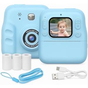 Instant Print Camera for Kids, 2.4" HD Screen, Dual 0.3MP Cameras, 1080P Video Recording, Built-in MP3 Player & Fun Games, Includes Printing Paper & Lanyard, Ideal Birthday (Blue)