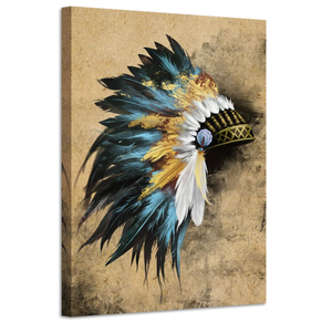 LevvArts Indian Canvas Wall Art Native American Chiefs Headdress Feathered Painting Canvas Print Vintage Home Living Room Gold and Blue Wall Decor Gallery Wrap Ready to Hang 24x36inches