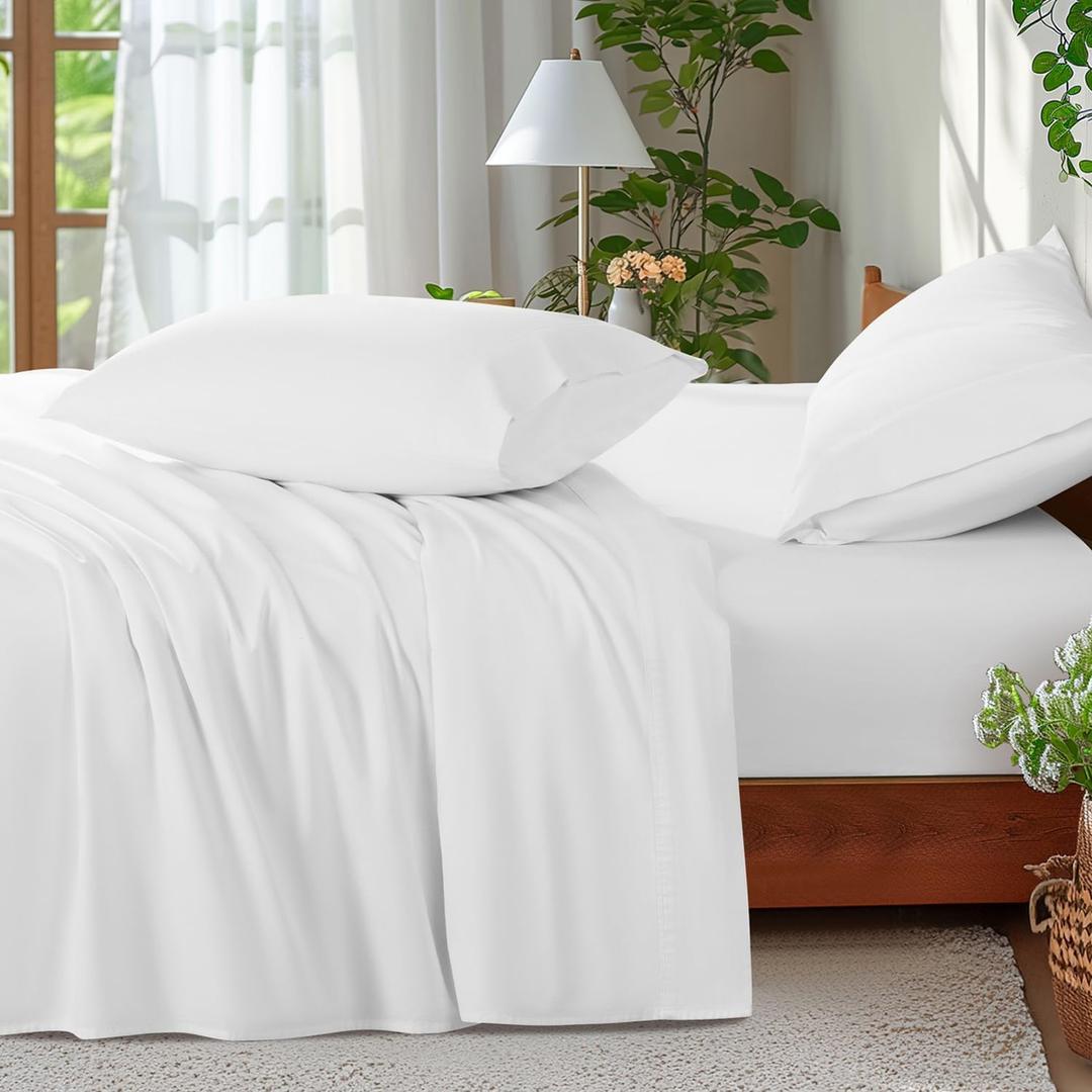 Shilucheng 100% Cotton Sheets Set - 600 Thread Count, Extra Deep Pocket Sheets Fits 18"-24" Thick Mattress, Breathable & Cooling, Luxury Egyptian Cotton Bed Sheets 4 Piece (King,White)