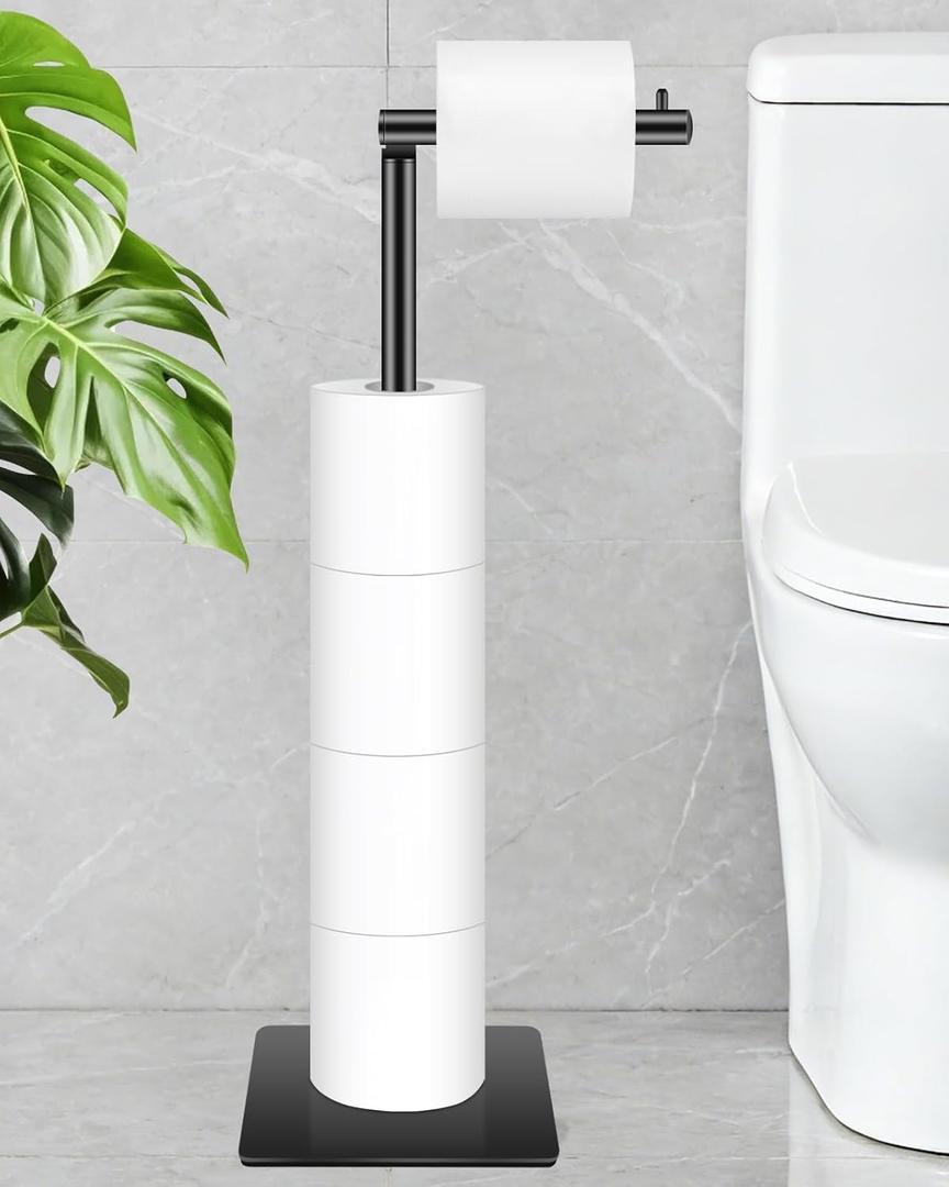 Free Standing Toilet Paper Holder, Bathroom Toilet Paper Stand with Shelf Hold 4 Paper Rolls, Modern Square Base Tissue Roll Storage Holder, Black, Naturous