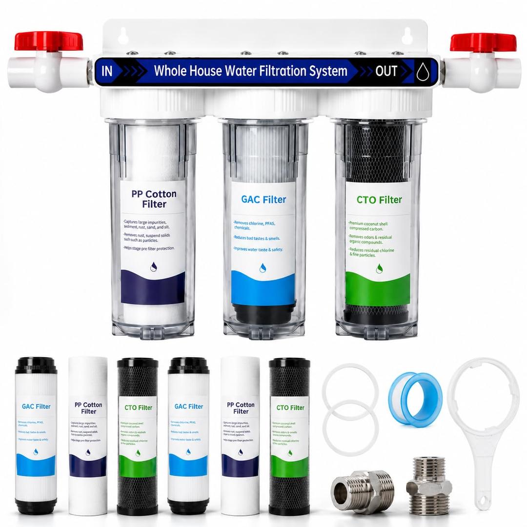 Whole House Water Filter System, 3-Stage Home Water Filtration System, 2 Extra Filter Sets, 0.5 Micron PP GAC CTO Filters, 15 GPM, 3/4" NPT Brass Ports with 2 Valves for City & Well Water
