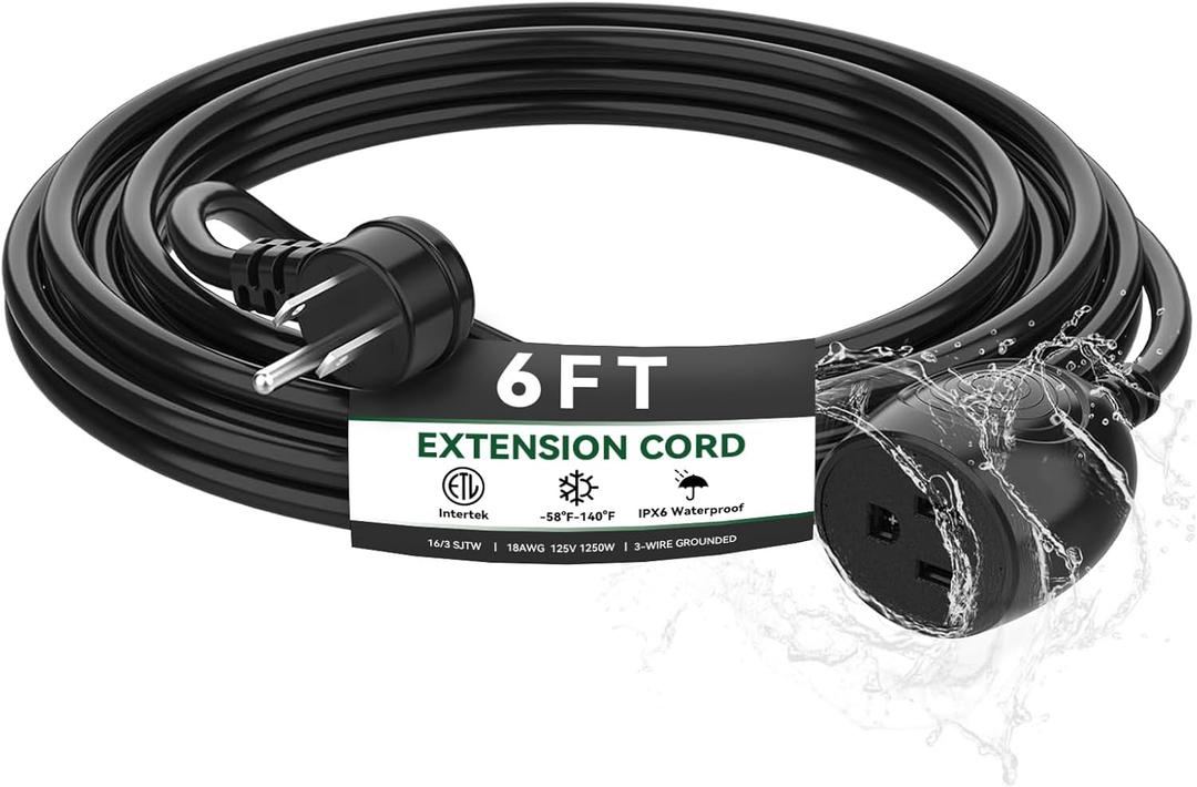 6FT Waterproof Outdoor Extension Cord,IPX6 Waterproof,Cold Weather & Fireproof,Heavy Duty 3 Prong Cable,18AWG 125V 10A,FCC/ETL Certified