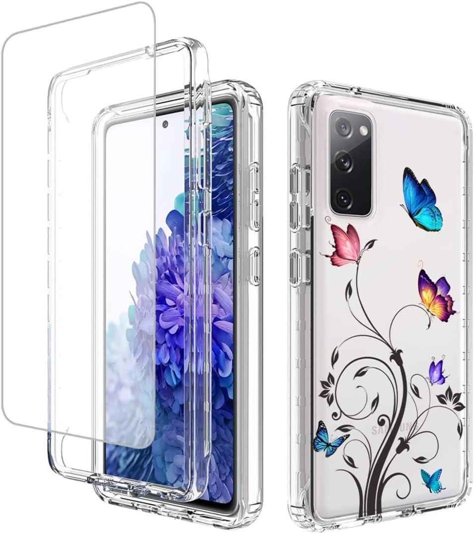 Vavies Case for Galaxy S20 FE 5G Case, SM-G781U Case with Tempered Glass Screen Protector, Full Body Clear with Floral Design Protection Phone Cover Cases for Samsung Galaxy S20 FE 5G (butterfly tree)