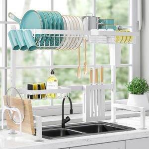 Dish Drying Rack Over The Sink - Large Capacity Stainless Steel Dish Drainer, Multifunctional Kitchen Organizer, White, 11" D x 30"~33.9''W x 21.5" H
