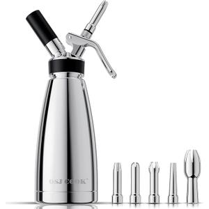Whipped Cream Dispenser Stainless Steel Keep Warm and Cold,500mL/1 Pint Double Wall Thermos Whipped Cream Maker,5 Various Stainless Decorating Nozzles,1 Cleaning Brush,N2O Chargers NOT Included
