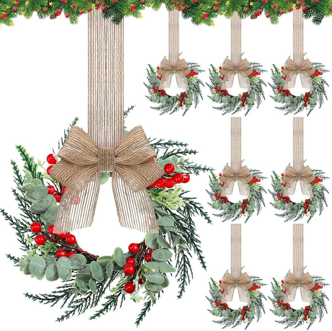 Hotop 8 Set Mini Wreaths for Kitchen Cabinet 12 Inch Small Christmas Wreath with Burlap Ribbon Red Berry and Eucalyptus Leaves for Xmas Window Front Door Fireplace Chair Farmhouse Hanging Decor