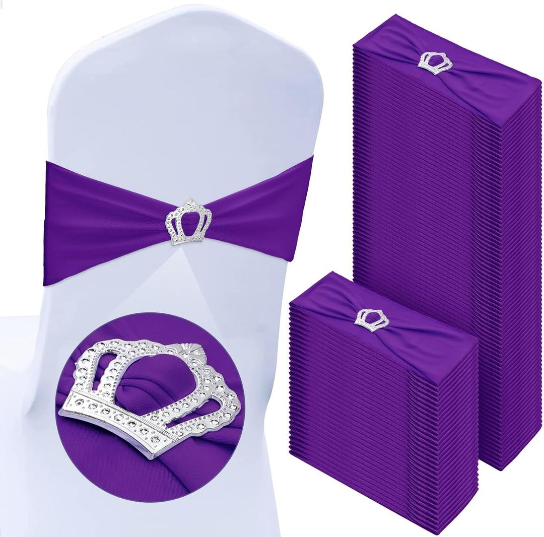 VitalCozy 100 Pcs Spandex Chair Sashes with Crown Buckle Slider Stretch Chair Bands Cover Ties for Wedding, Banquet, Gala, Corporate Event, Birthday Party, Baby Shower(Dark Purple)