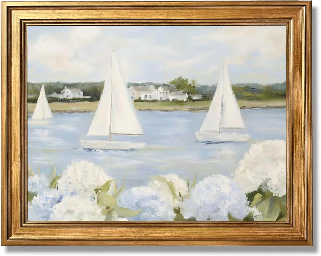 Licpach Grandmillennial Preppy Coastal Wall Art Nautical Sailboat Blue White Floral Canvas Print Vintage Seaside Beachy Cottagecore Decor Posters forBathroom Bedroom Aesthetic 24X36inch Golden Frame