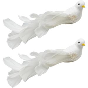2pcs Christmas Tree Decorations White Glitter Birds Clip on Bird Ornaments 8" Artificial Birds with Feathers for Wreath Crafts Xmas Tree Decor