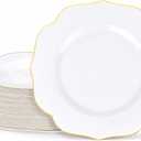bUCLA 48Pieces Gold Plastic Dessert Plates Disposable - 7.5inch Premium Hard White with Gold Rim Plastic Salad/Appetizer/Small Cake Plate for Thanksgiving&Party (48PCS)