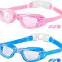 COOLOO Kids Swim Goggles, 2 Packs Swimming Goggles for Kids Girls Boys and Child Age 4-16 (03.blue/Clear Lens&light Pink/Clear Lens)