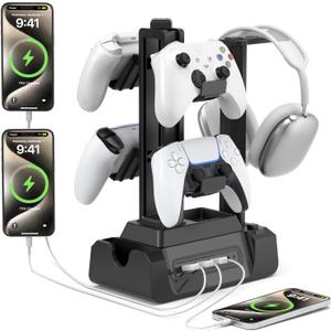 KDD Charging Station for Multiple Devices - 4 Ports Charging Dock with Controller and Headset Stand - 3 USB A & 1 USB C for Cellphone Tablet and Other Electronic - Multi Storage for Gaming Accessories