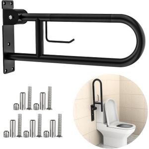 Toilet Grab Bar 22.4 Inch, YuanDe Flip Up Grab Bar with Paper Holder, Matte Black Anti-Slip Safety Bars for Toilet, Stainless Steel Knurled Toilet Handles for Seniors Disabled Elderly Pregnant