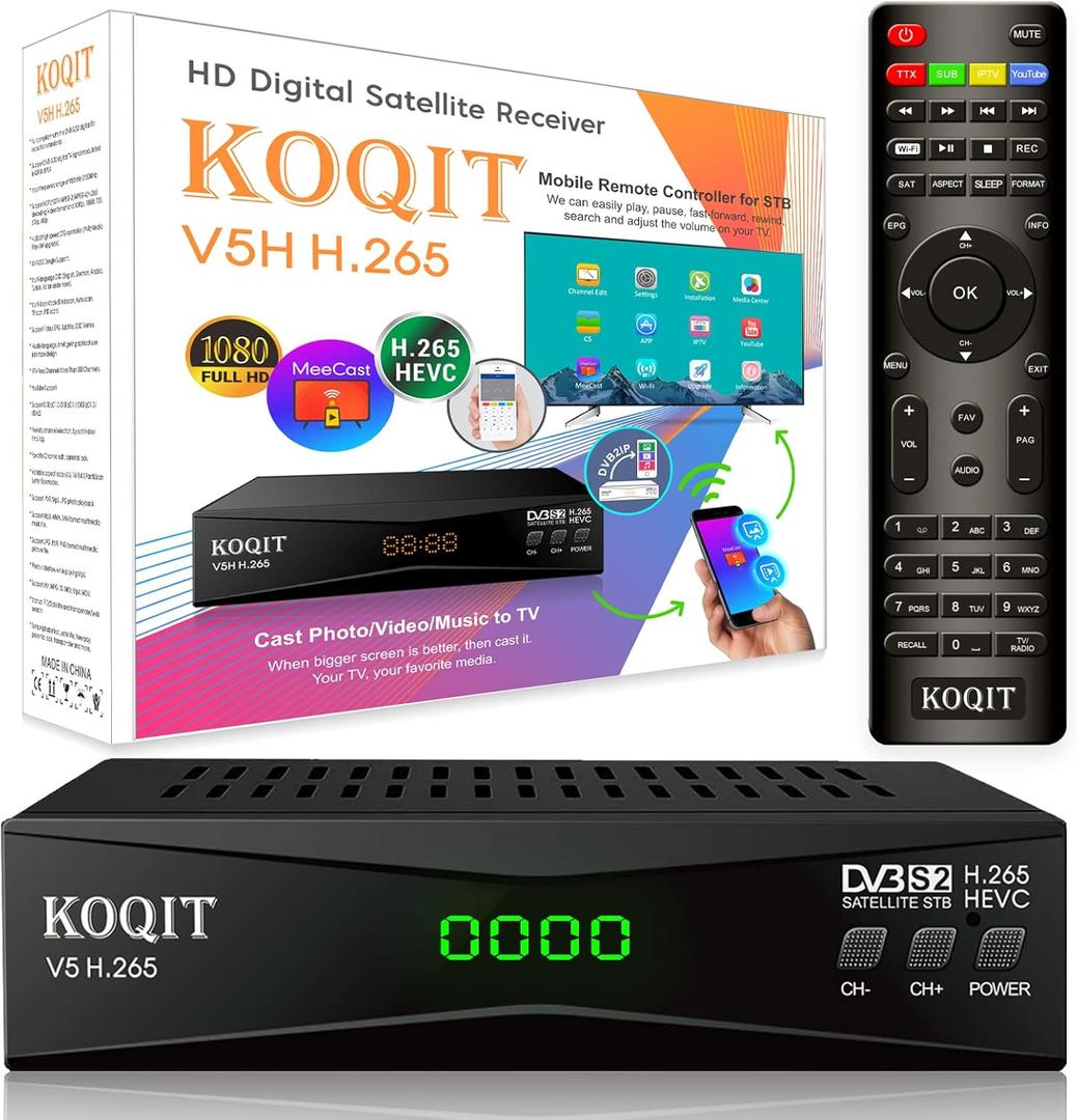 Koqit V5H H.265 Free To Air FTA Satellite Receiver DVB-S2 Satellite TV Receiver HEVC DVB S2 Galaxy 19 Receivers Sat DVB Finder Meecast Biss PVU YouTube TV Decoder DVB2IP Box