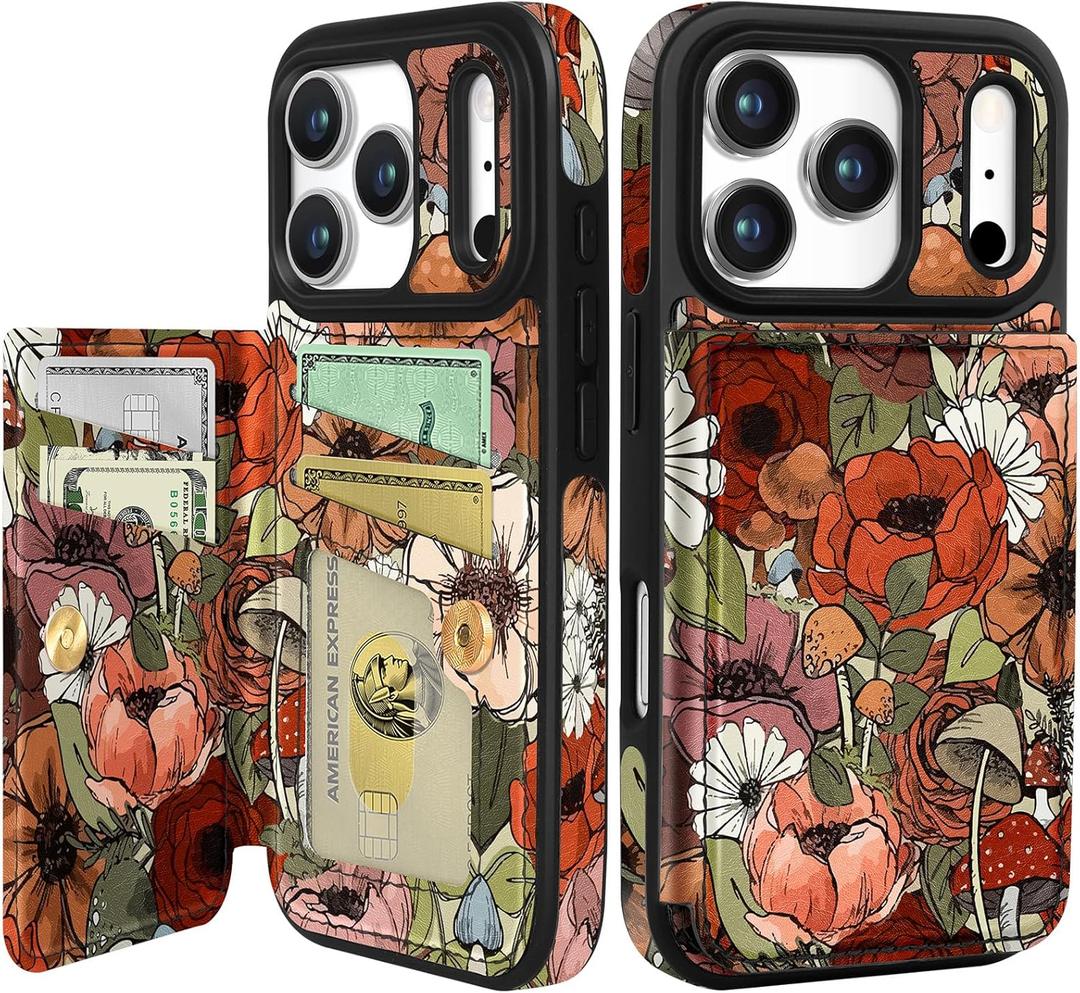 Shorogyt Compatible with iPhone 17 Pro Max Wallet Case with Card Holder - Cute Flower Mushroom Design Kickstand for Magnetic Clasp Back Flip Folio Leather Phone Covers for Women Men Girls