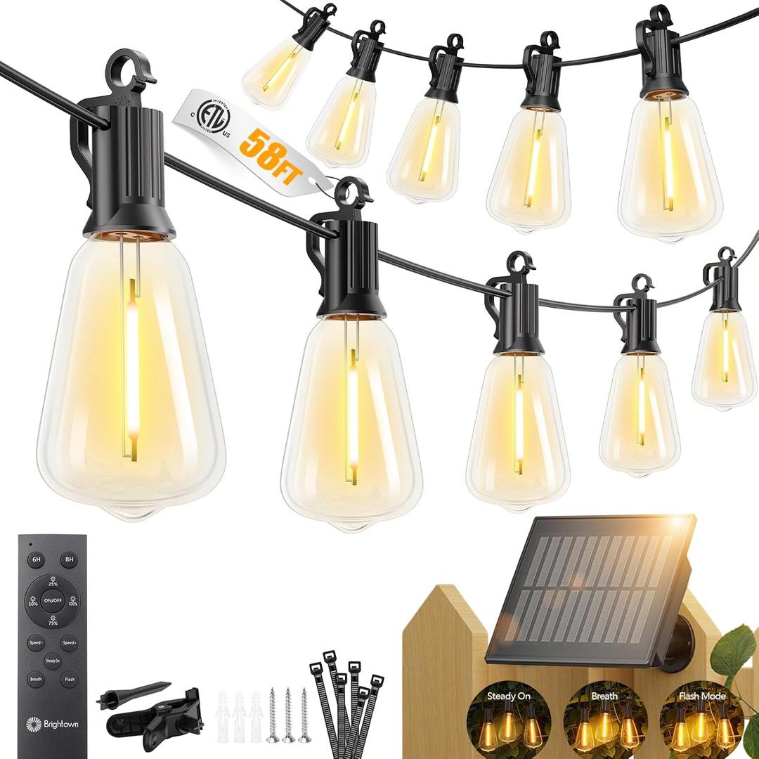 Brightown 58FT Solar String Lights Outdoor Waterproof, Patio Lights with Remote and 25+1 LED Shatterproof Bulbs, Dimmable & Timable, 3 Light Modes, Solar Lights Outdoor for Yard Camping Party Outside