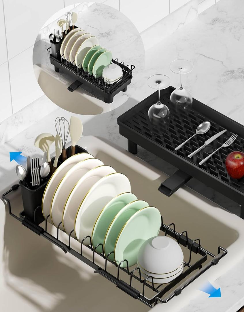 Nacial 2-in-1 Small Dish Drying Rack Fits 14''21.8'' Sink, Dish Drainers for Kitchen Counter Extend Kitchen Sink Drain Basket with Utensil Holder & Auto-Drain Tray, Stainless Steel Plate Rack, Black
